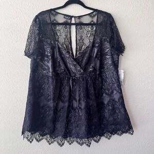 Allen B By Allen‎ Schwartz NEW Black Lace Short Sleeve Blouse Top Size 1X
